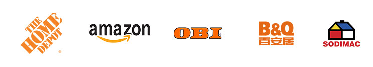 Logos de six marques de vente au détail : The Home Depot, Amazon, OBI, B&Q et Sodimac à la suite.