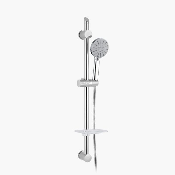 Silver adjustable showerhead with hose and slide bar on a white wall; includes handheld attachment and small shelf below.
