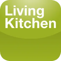 위쪽 중앙에 흰색으로 "Living Kitchen"이 있는 녹색 직사각형 로고.
