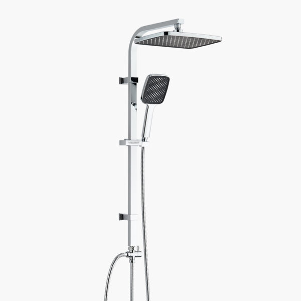 A ceiling mounted showerhead with an overhead rain showerhead and an adjustable handheld showerhead.